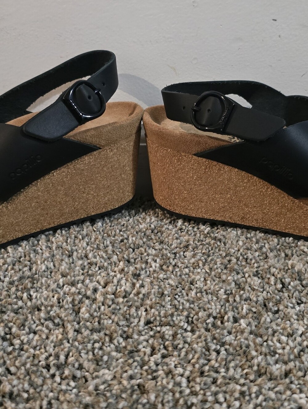Birkenstock Black Leather Cork Platform Wedge Sandals. Samira